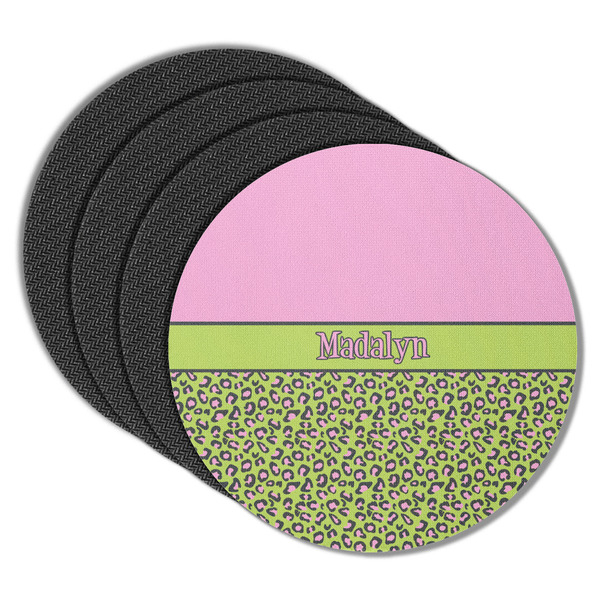 Custom Pink & Lime Green Leopard Round Rubber Backed Coasters - Set of 4 (Personalized)