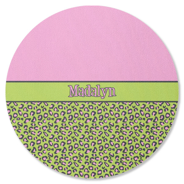 Custom Pink & Lime Green Leopard Round Rubber Backed Coaster (Personalized)