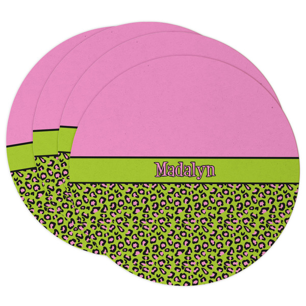 Custom Pink & Lime Green Leopard Round Paper Coasters w/ Name or Text