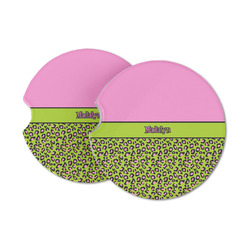 Pink & Lime Green Leopard Sandstone Car Coasters - Set of 2 (Personalized)
