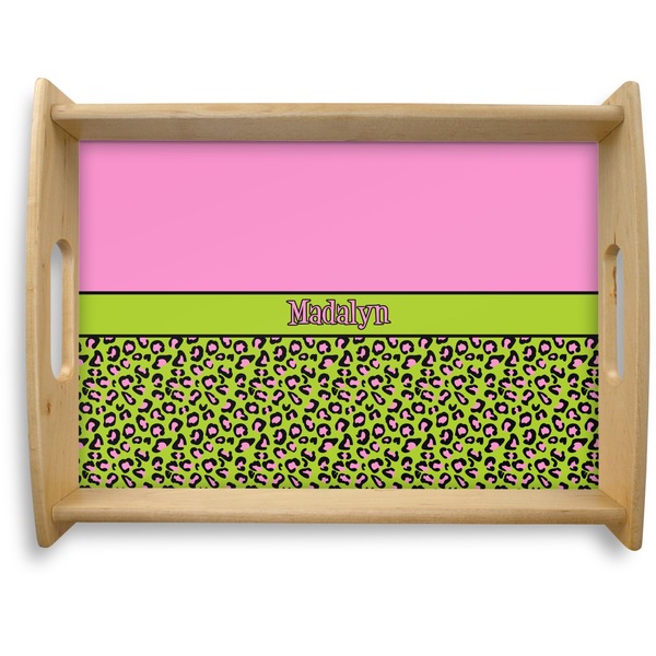 Custom Pink & Lime Green Leopard Natural Wooden Tray - Large (Personalized)