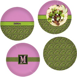 Pink & Lime Green Leopard Set of 4 Glass Lunch / Dinner Plate 10" (Personalized)