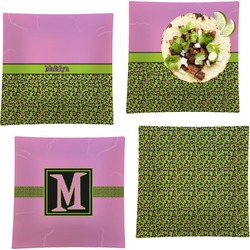 Pink & Lime Green Leopard Set of 4 Glass Square Lunch / Dinner Plate 9.5" (Personalized)