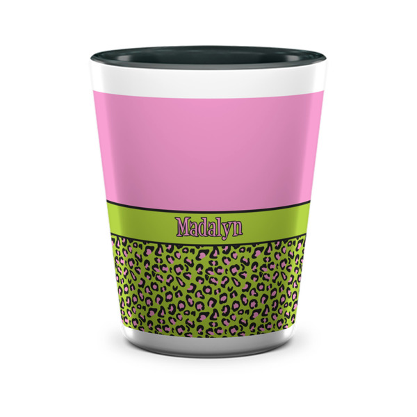 Custom Pink & Lime Green Leopard Ceramic Shot Glass - 1.5 oz - Two Tone - Single (Personalized)