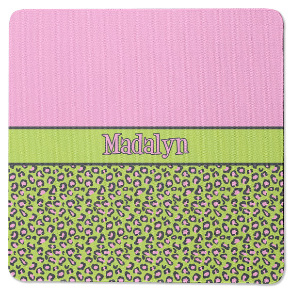 Custom Pink & Lime Green Leopard Square Rubber Backed Coaster (Personalized)