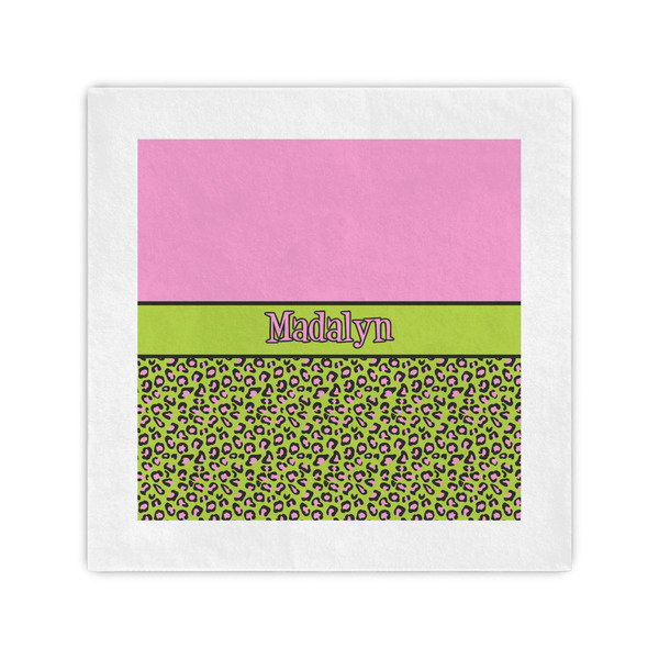 Custom Pink & Lime Green Leopard Standard Cocktail Napkins (Personalized)