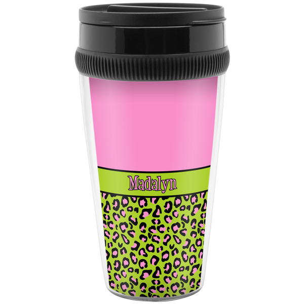 Custom Pink & Lime Green Leopard Acrylic Travel Mug without Handle (Personalized)