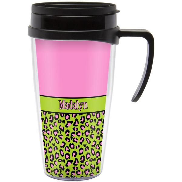 Custom Pink & Lime Green Leopard Acrylic Travel Mug with Handle (Personalized)