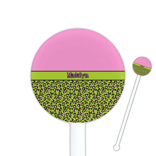 Custom Pink & Lime Green Leopard 5.5" Round Plastic Stir Sticks - White - Single Sided (Personalized)