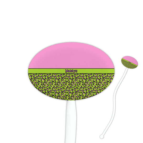 Custom Pink & Lime Green Leopard 7" Oval Plastic Stir Sticks - White - Single Sided (Personalized)