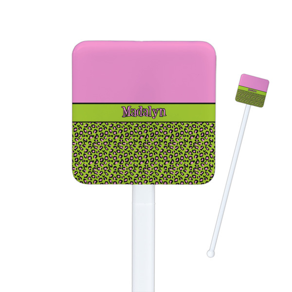 Custom Pink & Lime Green Leopard Square Plastic Stir Sticks - Single Sided (Personalized)