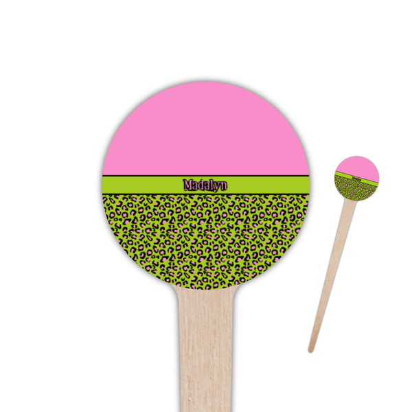 Custom Pink & Lime Green Leopard 4" Round Wooden Food Picks - Single Sided (Personalized)