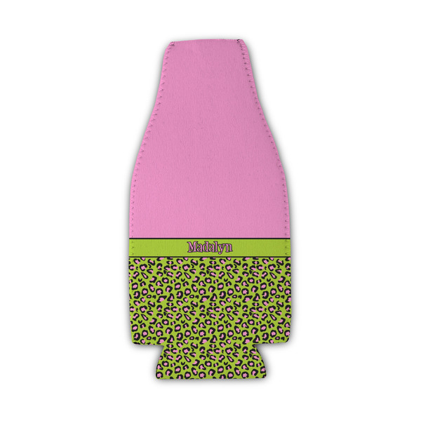 Custom Pink & Lime Green Leopard Zipper Bottle Cooler (Personalized)