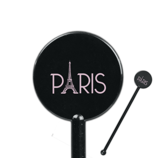 Custom Paris & Eiffel Tower 5.5" Round Plastic Stir Sticks - Black - Double Sided