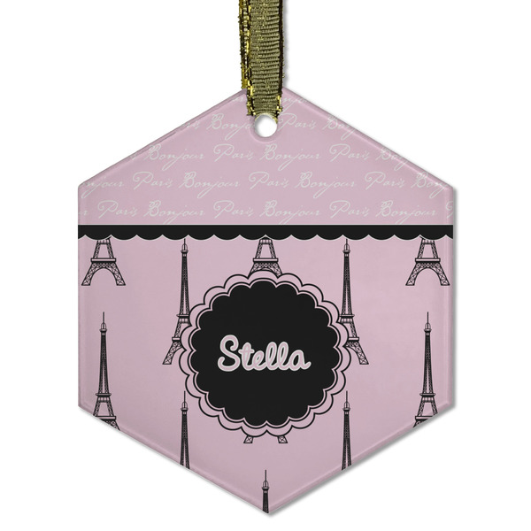 Custom Paris & Eiffel Tower Flat Glass Ornament - Hexagon w/ Name or Text