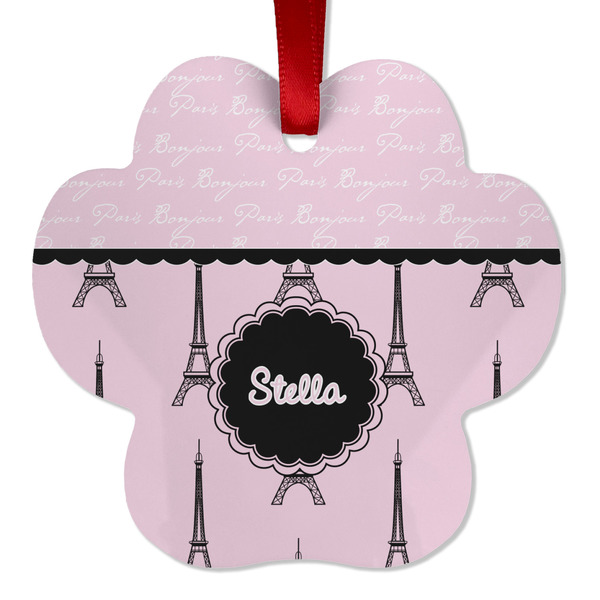 Custom Paris & Eiffel Tower Metal Paw Ornament - Double Sided w/ Name or Text