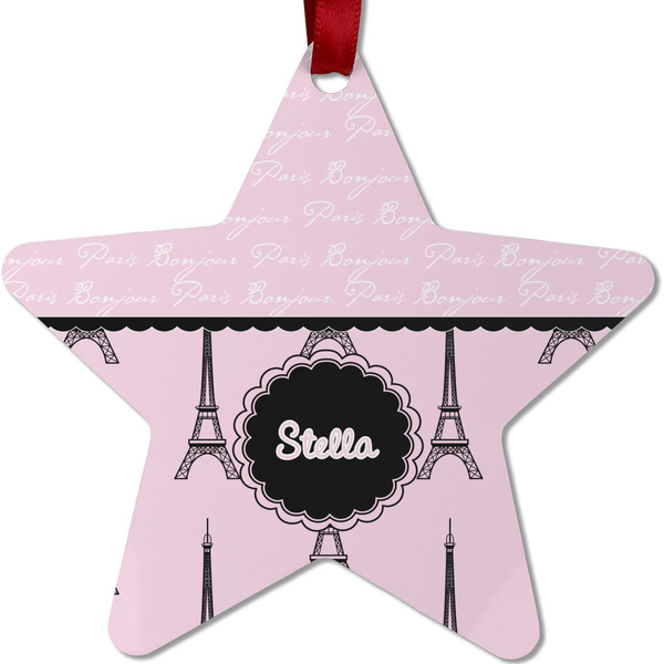 Custom Paris & Eiffel Tower Metal Star Ornament - Double Sided w/ Name or Text