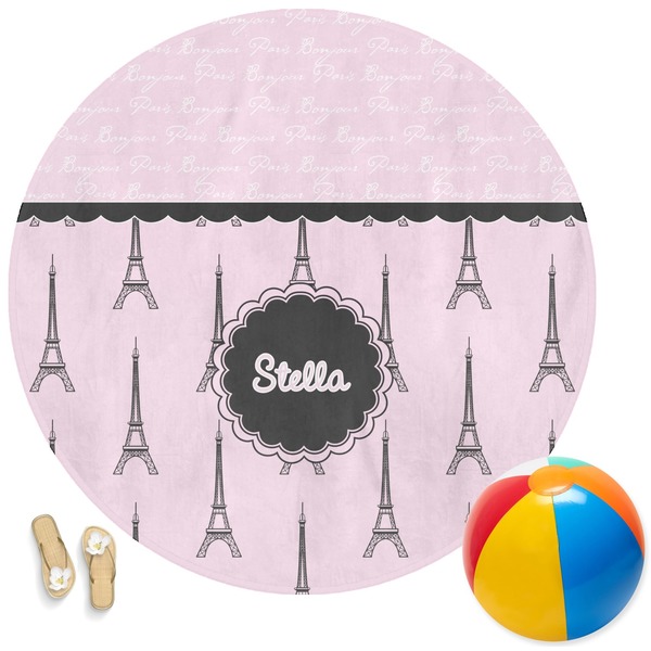 Custom Paris & Eiffel Tower Round Beach Towel (Personalized)