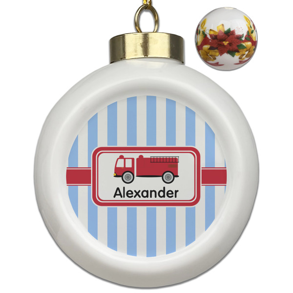 Custom Firetruck Ceramic Ball Ornaments - Poinsettia Garland (Personalized)