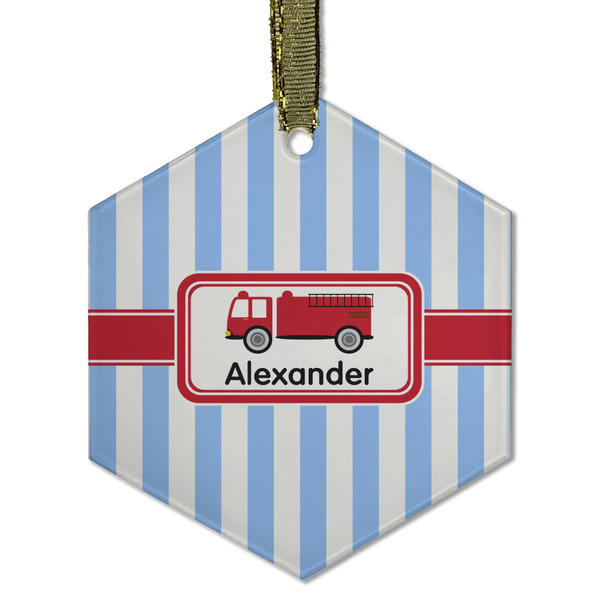 Custom Firetruck Flat Glass Ornament - Hexagon w/ Name or Text