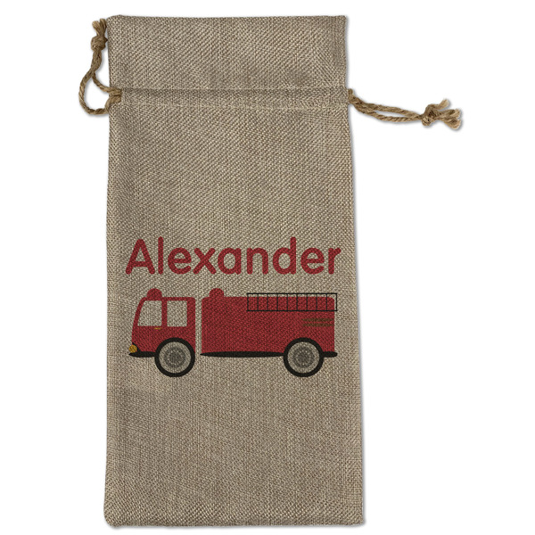 Custom Firetruck Large Burlap Gift Bag - Front (Personalized)