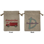 Firetruck Medium Burlap Gift Bag - Front & Back (Personalized)