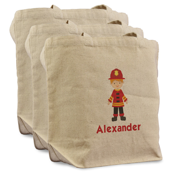 Custom Firefighter Character Reusable Cotton Grocery Bags - Set of 3 (Personalized)