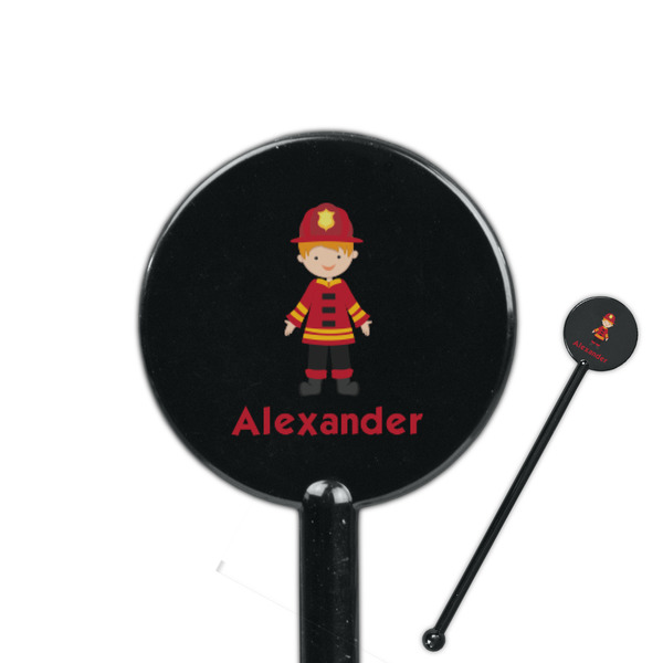 Custom Firefighter Character 5.5" Round Plastic Stir Sticks - Black - Double Sided (Personalized)