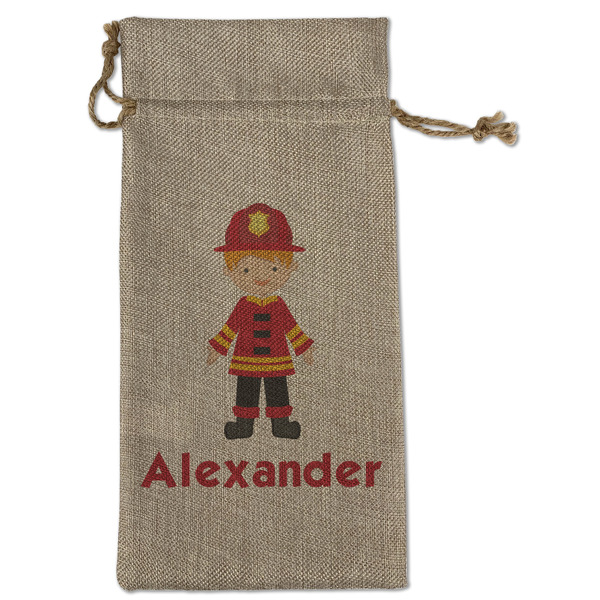 Custom Firefighter Character Large Burlap Gift Bag - Front (Personalized)