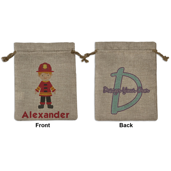 Custom Firefighter Character Medium Burlap Gift Bag - Front & Back (Personalized)