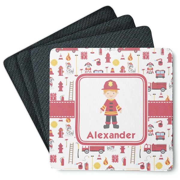 Custom Firefighter Character Square Rubber Backed Coasters - Set of 4 w/ Name or Text