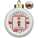 Firefighter Character Ceramic Ball Ornaments - Poinsettia Garland (Personalized)