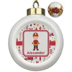Firefighter Character Ceramic Ball Ornaments - Poinsettia Garland (Personalized)