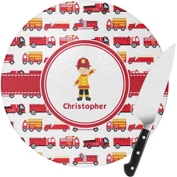 Custom Firetrucks Round Glass Cutting Board - Small (Personalized)