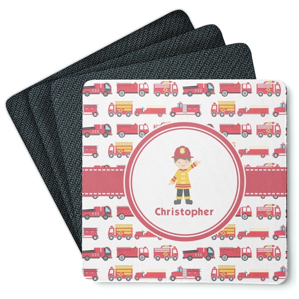 Custom Firetrucks Square Rubber Backed Coasters - Set of 4 (Personalized)