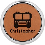 Firetrucks Leatherette Round Coaster w/ Silver Edge (Personalized)