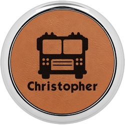 Firetrucks Set of 4 Leatherette Round Coasters w/ Silver Edge (Personalized)