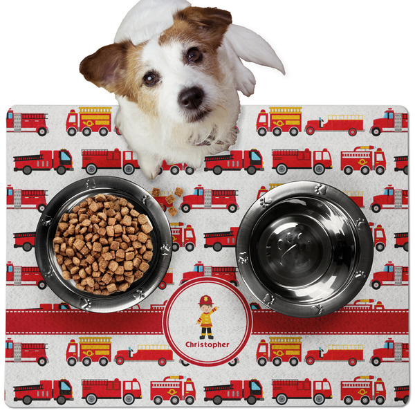 Custom Firetrucks Dog Food Mat - Medium w/ Name or Text