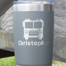 Firetrucks 20 oz Stainless Steel Tumbler - Grey - Double Sided (Personalized)