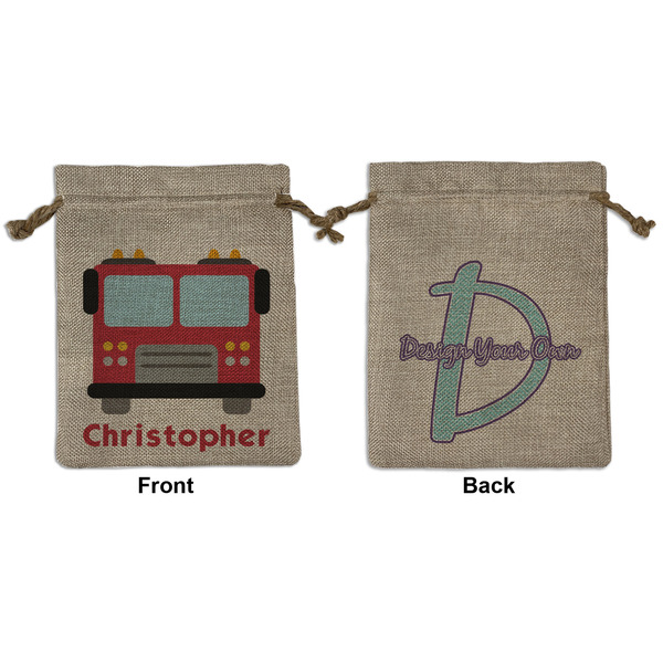 Custom Firetrucks Medium Burlap Gift Bag - Front & Back (Personalized)