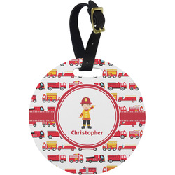Firetrucks Plastic Luggage Tag - Round (Personalized)