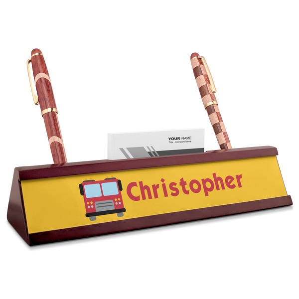 Custom Firetrucks Red Mahogany Nameplate with Business Card Holder (Personalized)