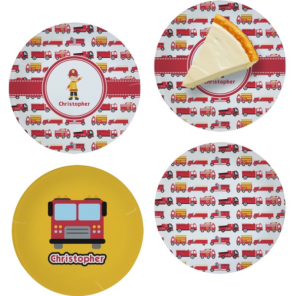 Custom Firetrucks Set of 4 Glass Appetizer / Dessert Plate 8" (Personalized)