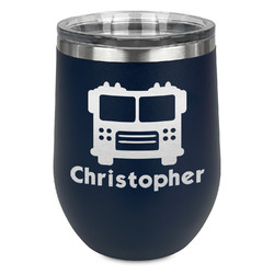 Firetrucks Stemless Stainless Steel Wine Tumbler - Navy - Single Sided (Personalized)