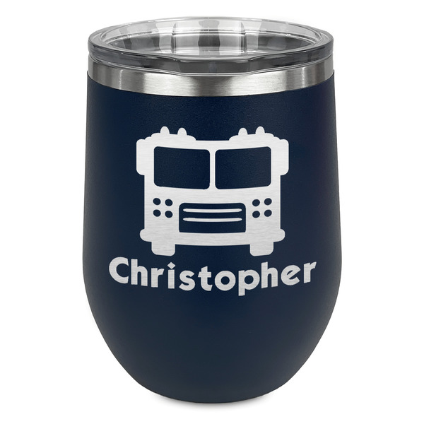 Custom Firetrucks Stemless Stainless Steel Wine Tumbler - Navy - Single Sided (Personalized)