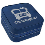 Firetrucks Travel Jewelry Box - Navy Blue Leather (Personalized)