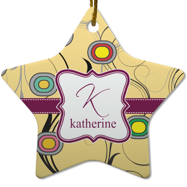 Custom Ovals & Swirls Star Ceramic Ornament w/ Name and Initial