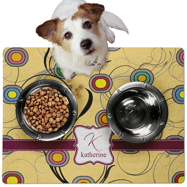 Custom Ovals & Swirls Dog Food Mat - Medium w/ Name and Initial