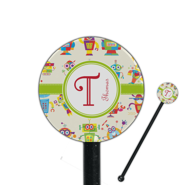 Custom Rocking Robots 5.5" Round Plastic Stir Sticks - Black - Double Sided (Personalized)