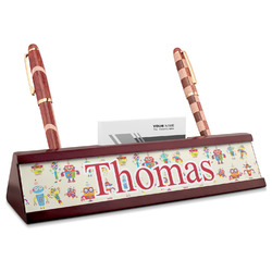 Rocking Robots Red Mahogany Nameplate with Business Card Holder (Personalized)